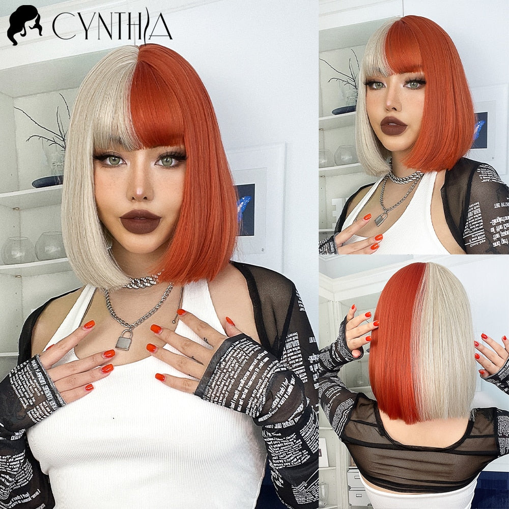 Green Short Bob Hair Synthetic Wig For Woman With Bangs Blonde Ombre Pink Cosplay Lolita Party Heat Resistant Daily Natural Hair
