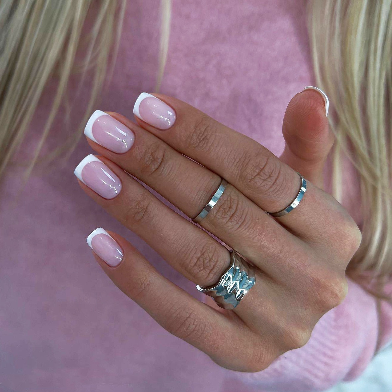 24Pcs Wearable False Nails with glue Long Ballerina Pink Press On Nails French Full Cover Coffin Fake Nails tip with rhinestones