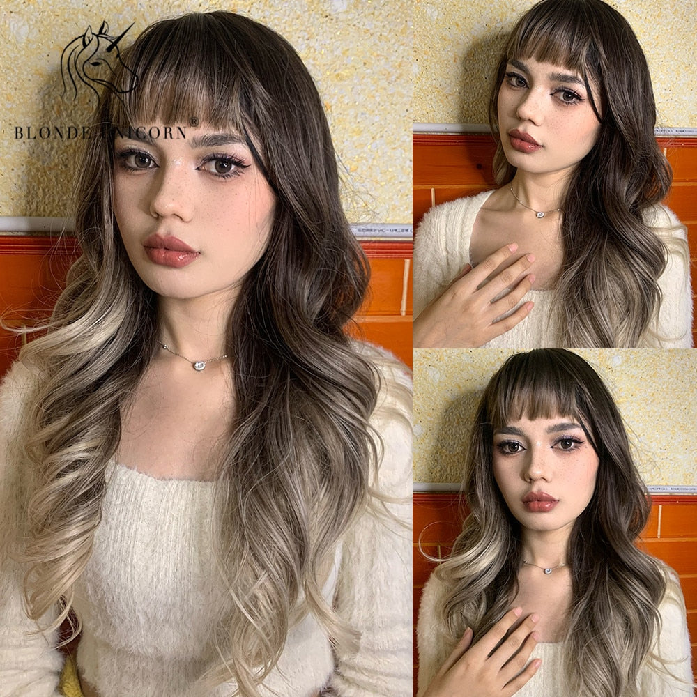 Blonde Unicorn Synthetic Long Wavy Wig Ombre Purple to Blue For WOMEN Cosplay halloween Wigs Heat Resistant Fiber Bangs Hair