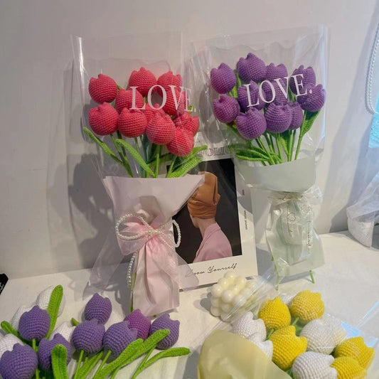 1pcs Knit Flower Rose Tulips Fake Flowers Bouquet Decoration Hand-woven Home Decorate Creative Knitting Bouquet