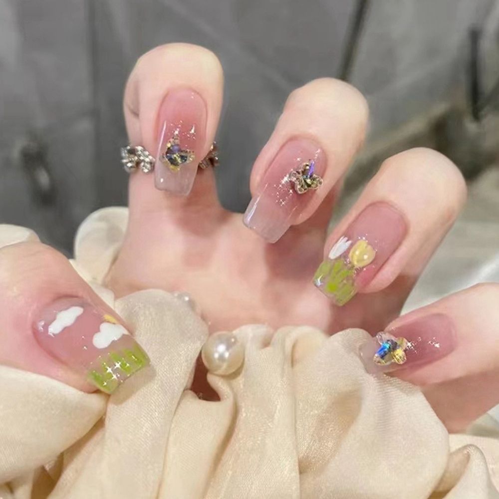 24pcs/Box Glitter Coffin False Nails Pink/White Heart Design French Ballerina Fake Nails Full Cover Nail Tips Press On Nails