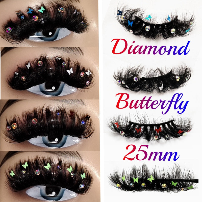 Natural/Long Glitter Shimmery Butterfly Eyelashes 25mm HandMade Full Strip Faux Mink Lashes With Butterflies