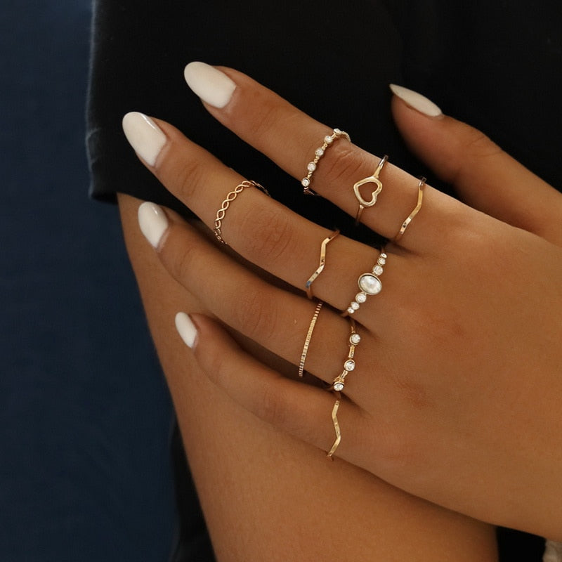 Punk Girl Love Heart Rings Set For Women Personality Harajuku Chain Tassel Silver Color Geometric Ring Gothic Party Jewelry Gift