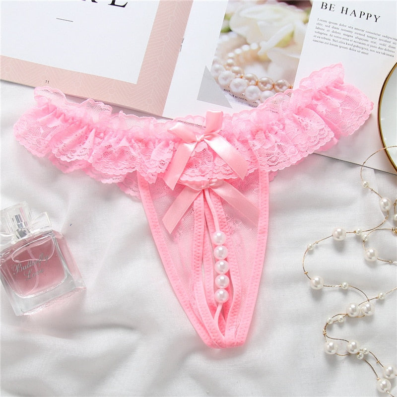 Black Sexy Lingerie Crotch Opening Women Panties Pearl Lace G-strings Thongs Temptation Women Underwear Erotic Ladies Tanga
