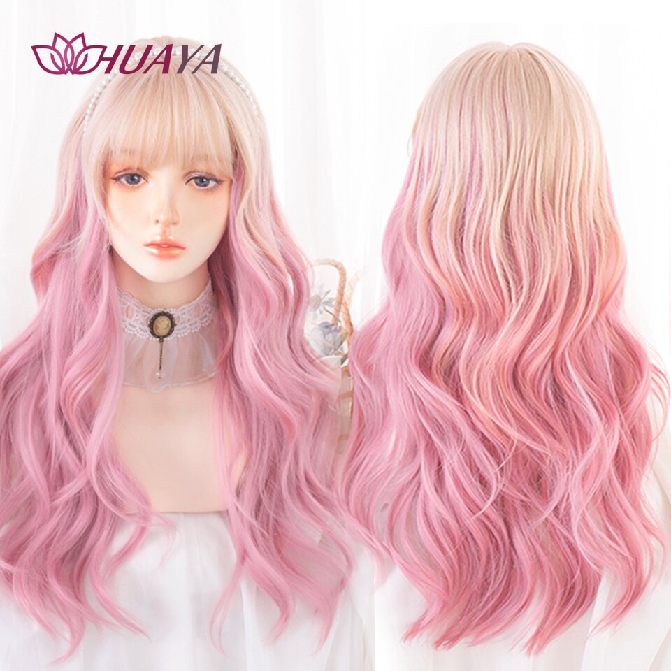 Long Straight Wig with Bangs Purple-White Heat Resistant Synthetic Hair Wigs for African American Girl Lolita Cosplay Wig