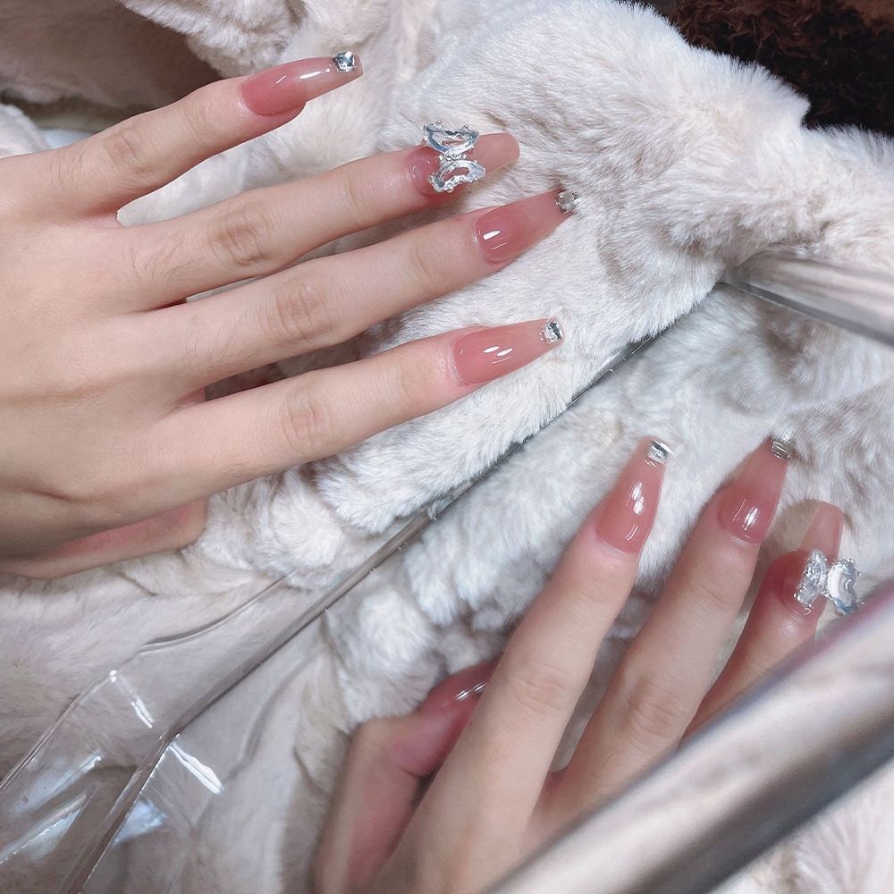 24pcs/Box Glitter Coffin False Nails Pink/White Heart Design French Ballerina Fake Nails Full Cover Nail Tips Press On Nails