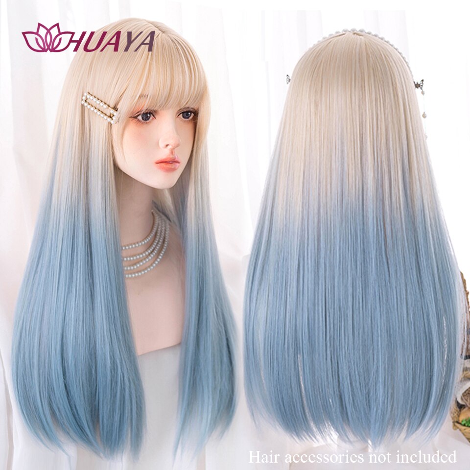 Long Straight Wig with Bangs Purple-White Heat Resistant Synthetic Hair Wigs for African American Girl Lolita Cosplay Wig