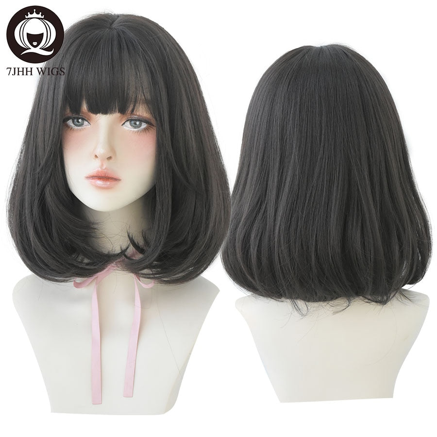 WIGS Black Short Bob Wig for Girl Daily Wear Synthetic Wig Natural Supple Summer Heat resistant Wig With Bangs