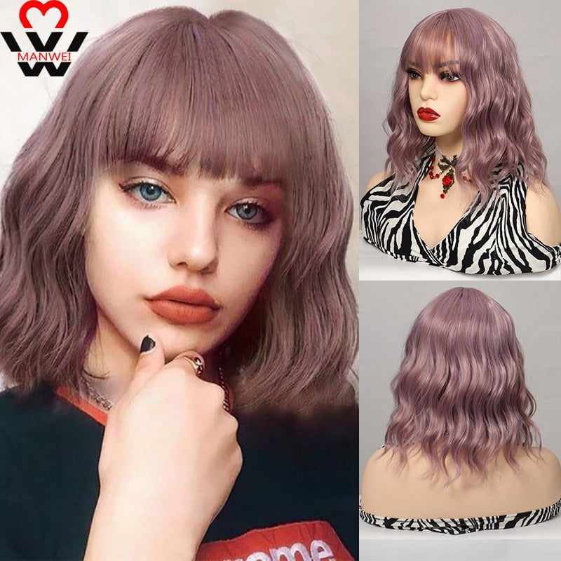 Synthetic Short Water Wave Cosplay Bob Wig with Bangs Heat-resistant Fiber Lolita Wigs For Women Daily Wear