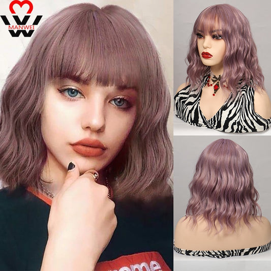 Synthetic Short Water Wave Cosplay Bob Wig with Bangs Heat-resistant Fiber Lolita Wigs For Women Daily Wear