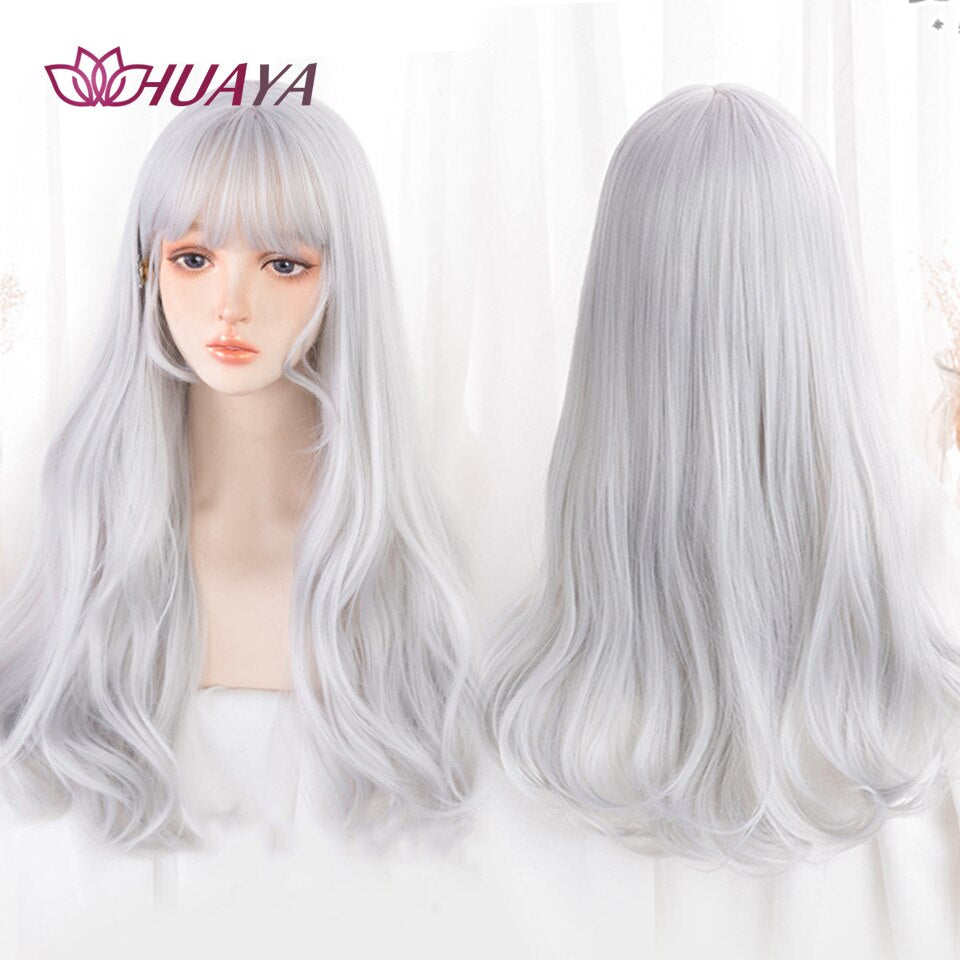 Long Straight Wig with Bangs Purple-White Heat Resistant Synthetic Hair Wigs for African American Girl Lolita Cosplay Wig
