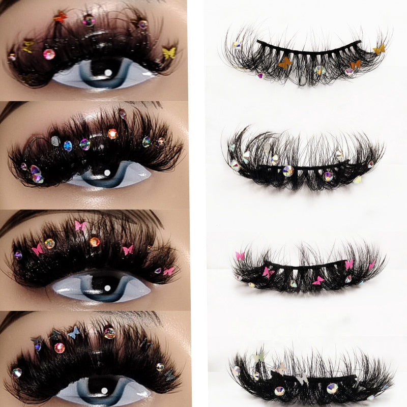 Natural/Long Glitter Shimmery Butterfly Eyelashes 25mm HandMade Full Strip Faux Mink Lashes With Butterflies