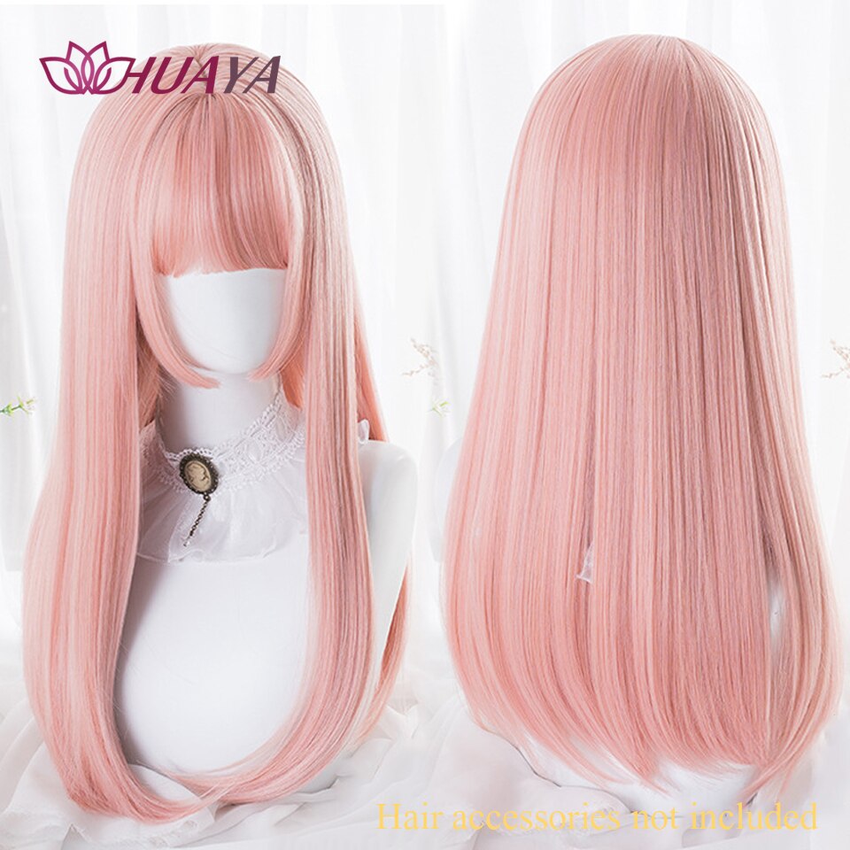 Long Straight Wig with Bangs Purple-White Heat Resistant Synthetic Hair Wigs for African American Girl Lolita Cosplay Wig