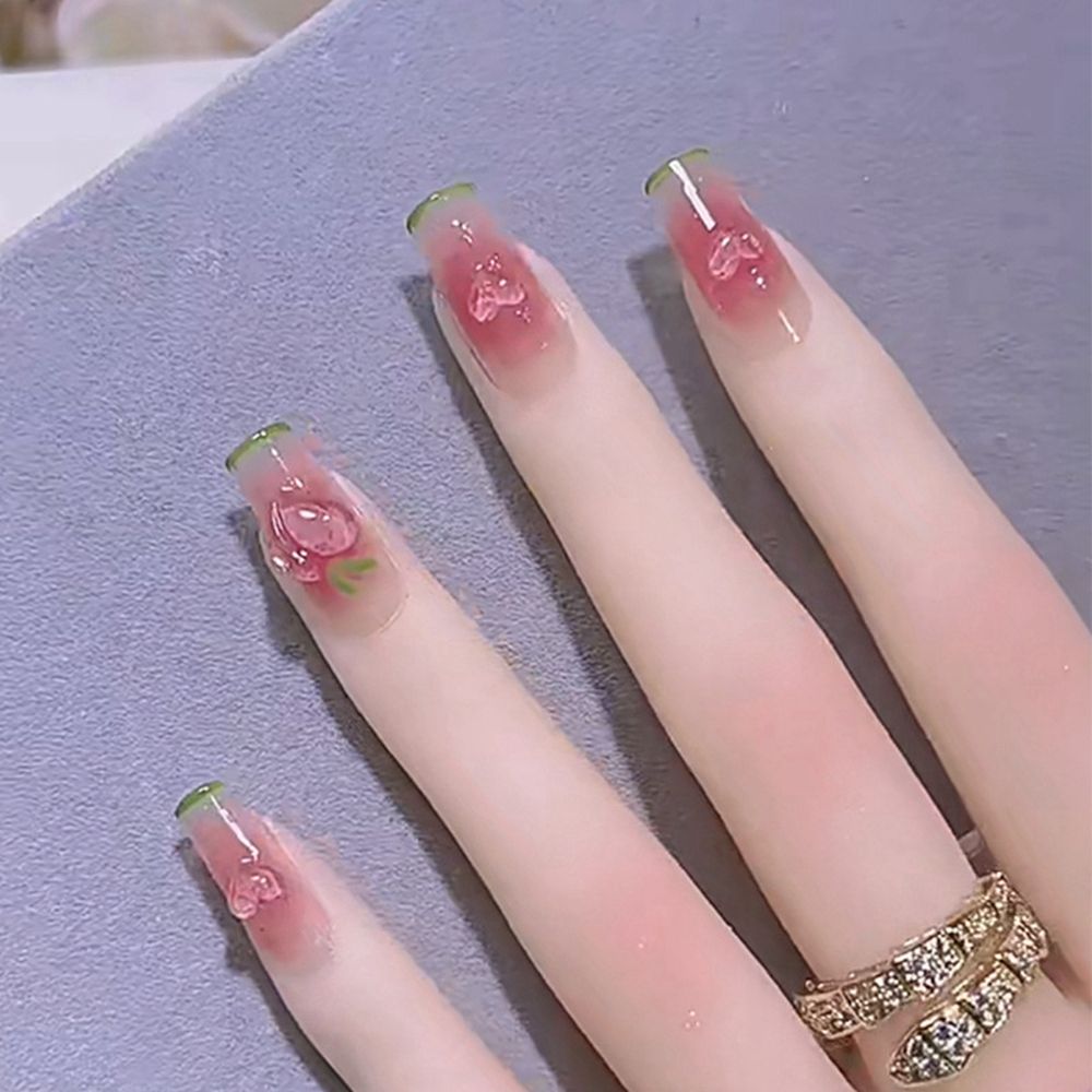 24 Pcs Artificial Wavy Line Long Round Almond False Nails Wearable French Fake Nails Full Cover Nail Tips Press On Nails