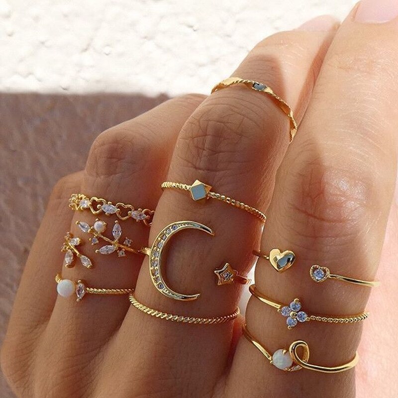 Punk Girl Love Heart Rings Set For Women Personality Harajuku Chain Tassel Silver Color Geometric Ring Gothic Party Jewelry Gift