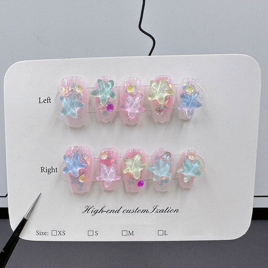 Handmade Press on Full Cover Nails Mocha water wave pattern starfish short reusable finished fake nails