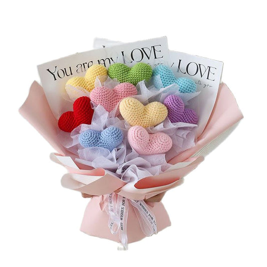 8pcs/Lot Hand-knitted Yarn Crochet LOVE Heart Shape Artificial Flowers Bouquet For Home Decorations Handicrafts Gift