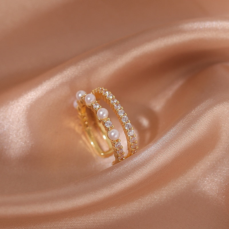 Luxury Gold Color Pearl Zircon Rings Vintage Sexy Open Joint Elegant
