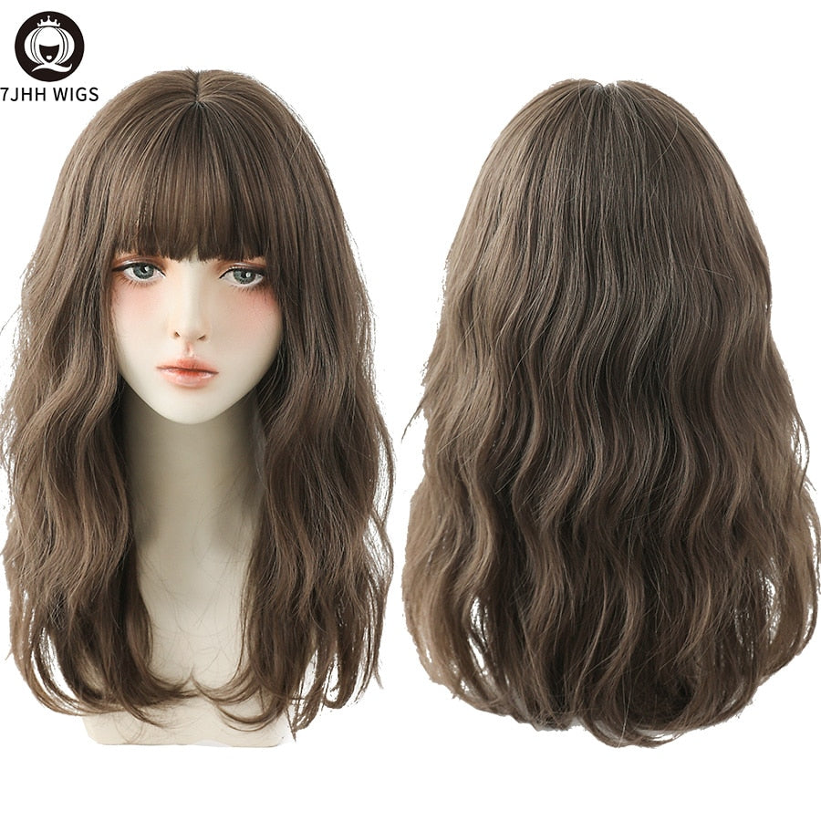 Blue Deep Wave Wig With Bangs Long Omber Brown Hair Layered Heat Resistant Cosplay Party Synthetic Wig