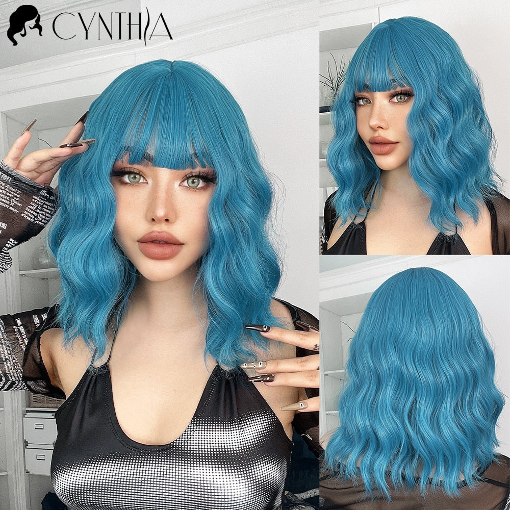 Ombre Blonde Short Bob Synthetic Wig For Women With Bangs White Gold Body Wave Cosplay Lolita Natural Heat Resistant Hair