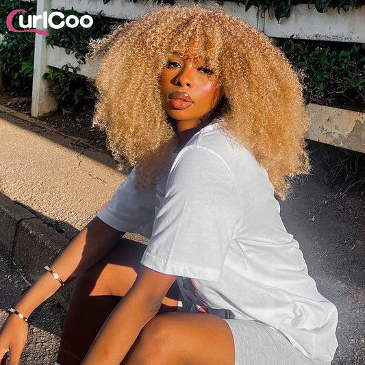18" Short Hair Afro Kinky Curly Wigs With Bangs For Women Synthetic Natural Omber Blonde Cosplay Wig Bob Wigs