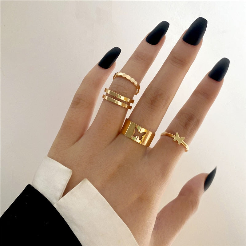 Boho Gold Color 22pcs Heart Rings Set For Women Vintage Geometric Cross Pearl Butterfly Finger Ring Women Jewelry