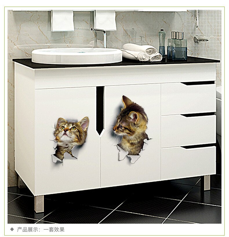 Home Decor Cats 3D Wall Stickers Hole View Toilet Sticker Cat Home Decoration PVC Wall Decals Removable Art Wallpapers