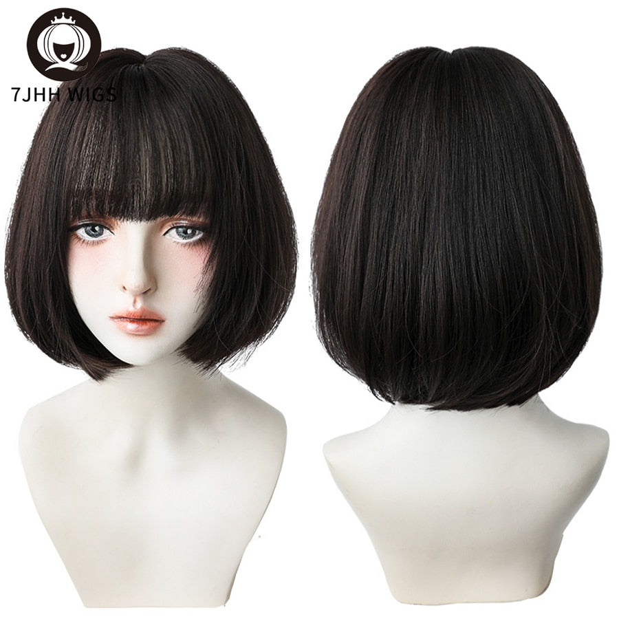 WIGS Black Short Bob Wig for Girl Daily Wear Synthetic Wig Natural Supple Summer Heat resistant Wig With Bangs