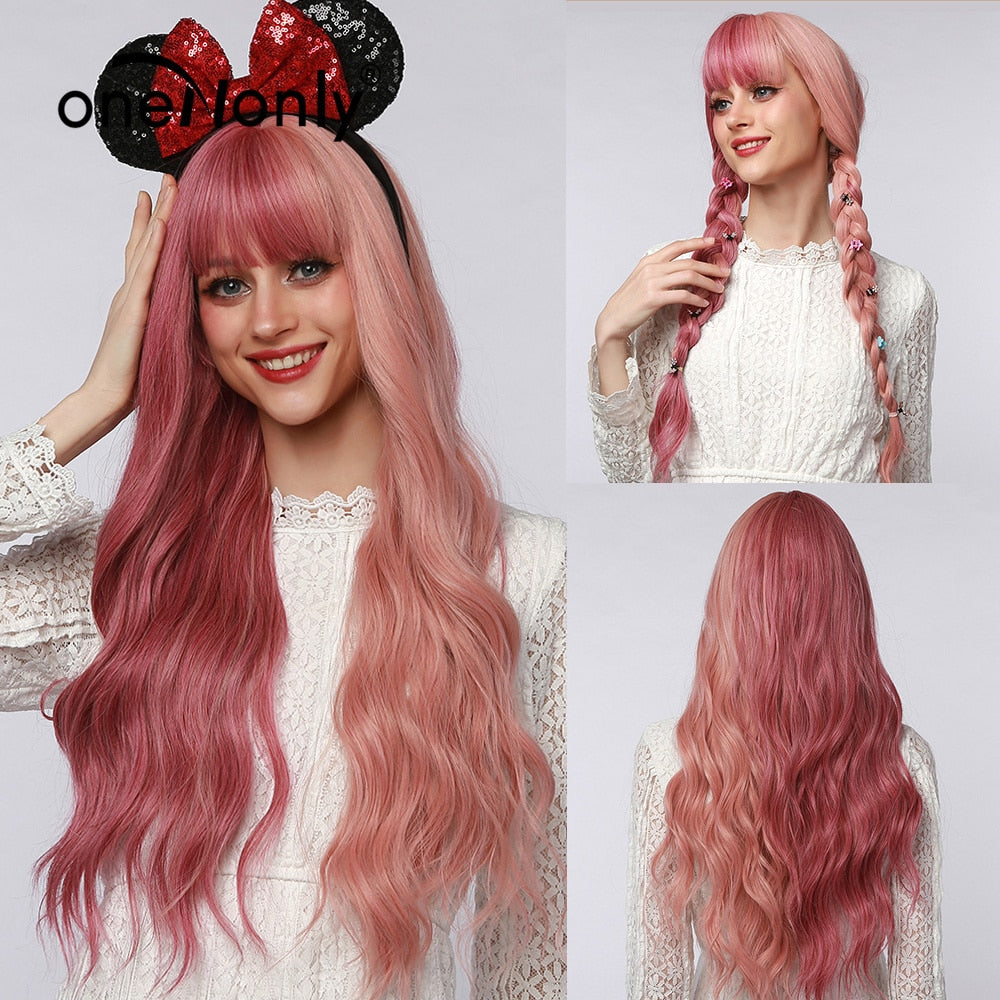 Purple Blue Wig with Bangs Long Wavy Cosplay Lolita Women Wigs Halloween Party High Temperature Hair