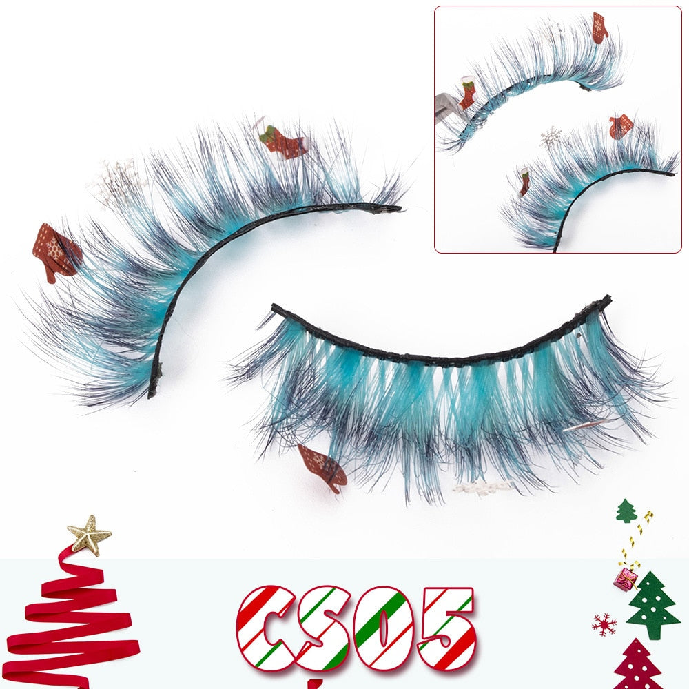 Faux Mink Lashes with Christmas Cartoon 3D False Eyelashes Christmas Party Makeup 25MM Eyelash Charming Colored Glitter