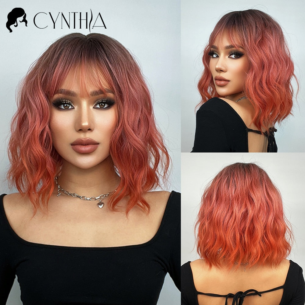 Purple Ombre Short Bob Body Wave Synthetic Wigs For Women Cosplay Wig With Bangs White Synthet Natural Hair Lolita Pelucas