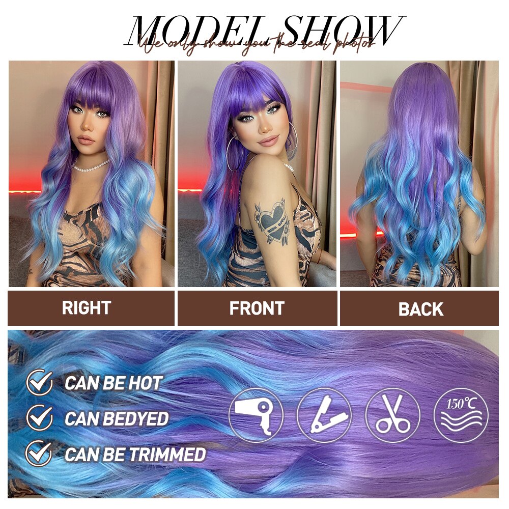 Purple Blue Wig with Bangs Long Wavy Cosplay Lolita Women Wigs Halloween Party High Temperature Hair
