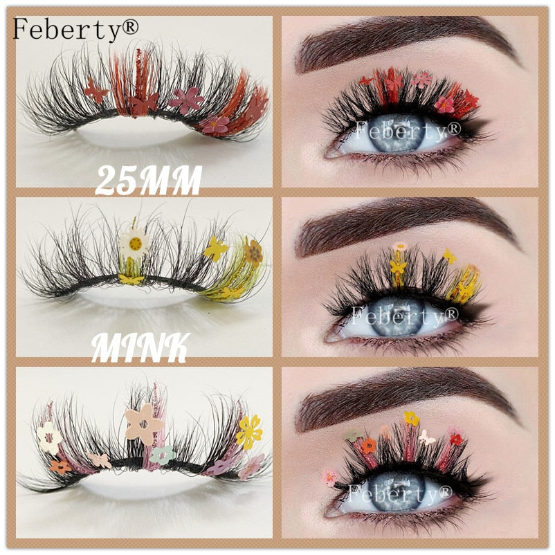 25mm 100% Mink Lashes With Butterflies or flowers glitter colored lashes  Full Strip False Eyelash Butterfly Lash