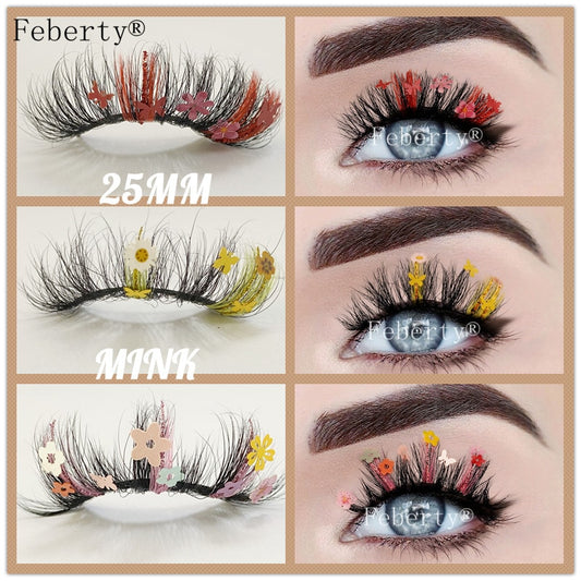25mm 100% Mink Lashes With Butterflies or flowers glitter colored lashes  Full Strip False Eyelash Butterfly Lash