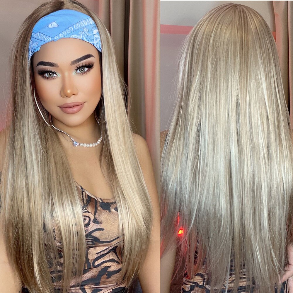 Long Straight Synthetic Wig Ombre Brown Blonde Golden Heat Resistant Wigs Cosplay Party Hair Wig