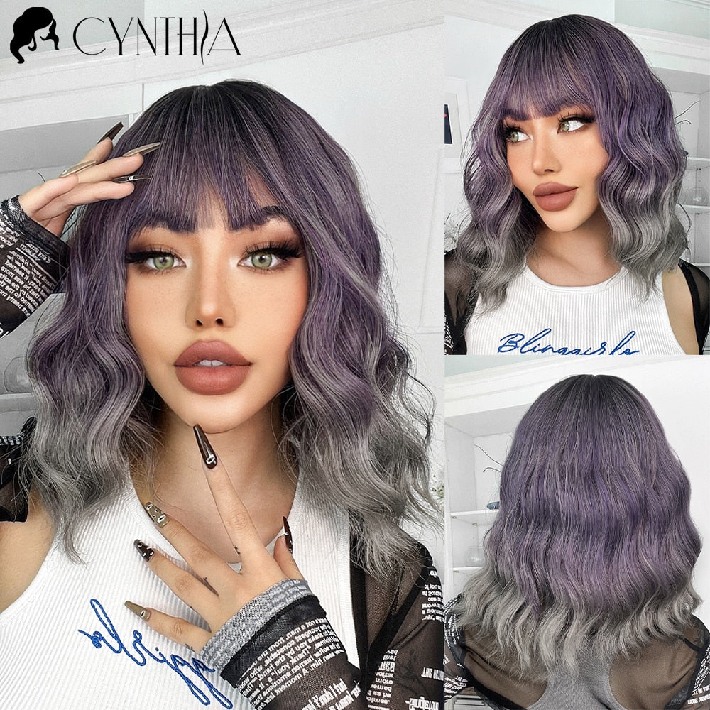 Ombre Blonde Short Bob Synthetic Wig For Women With Bangs White Gold Body Wave Cosplay Lolita Natural Heat Resistant Hair