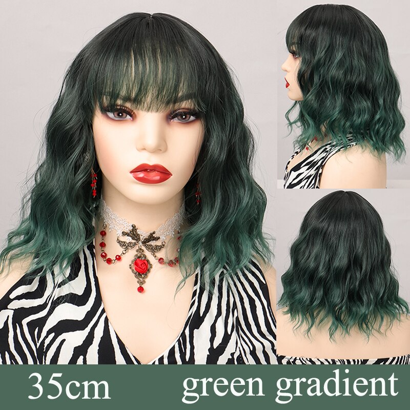 Synthetic Short Water Wave Cosplay Bob Wig with Bangs Heat-resistant Fiber Lolita Wigs For Women Daily Wear