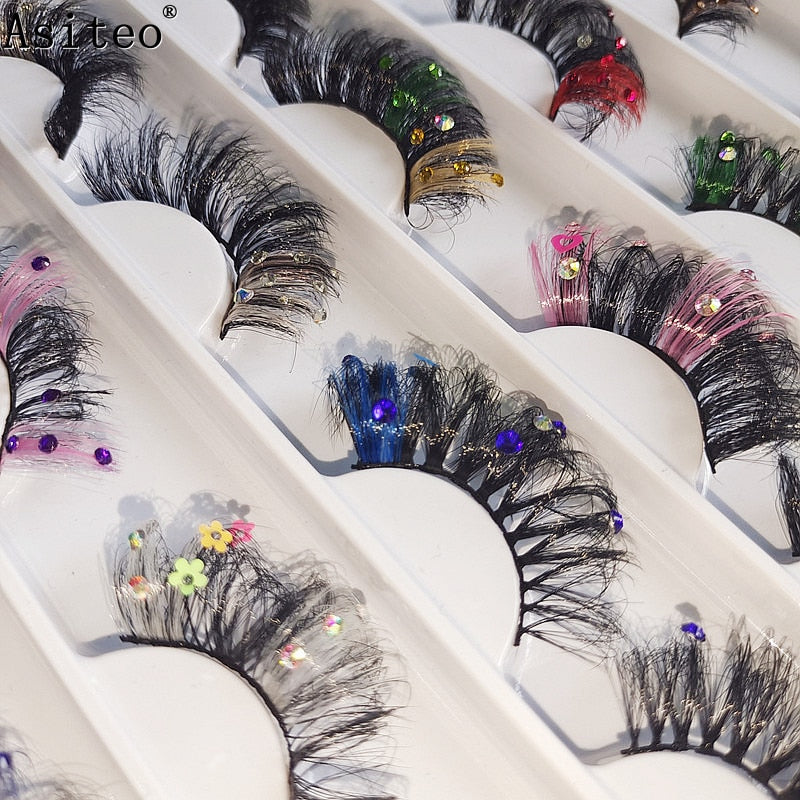 20MM Faux Mink Color Diamond Butterfly Flower Eyelashes Fluffy Wispy Thick Blue Pink Red Bulk False Lashes