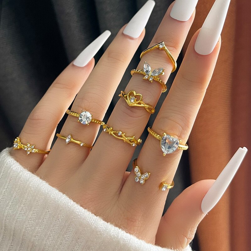 Punk Girl Love Heart Rings Set For Women Personality Harajuku Chain Tassel Silver Color Geometric Ring Gothic Party Jewelry Gift