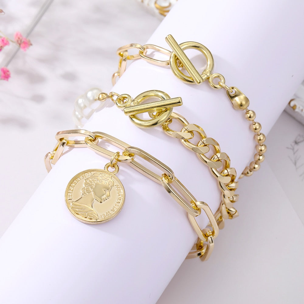 Bohemian Gold Color Angel Bracelets for Women Boho Jewelry Geometric Layered Pearl Hand Chain Charm Bracelet Set