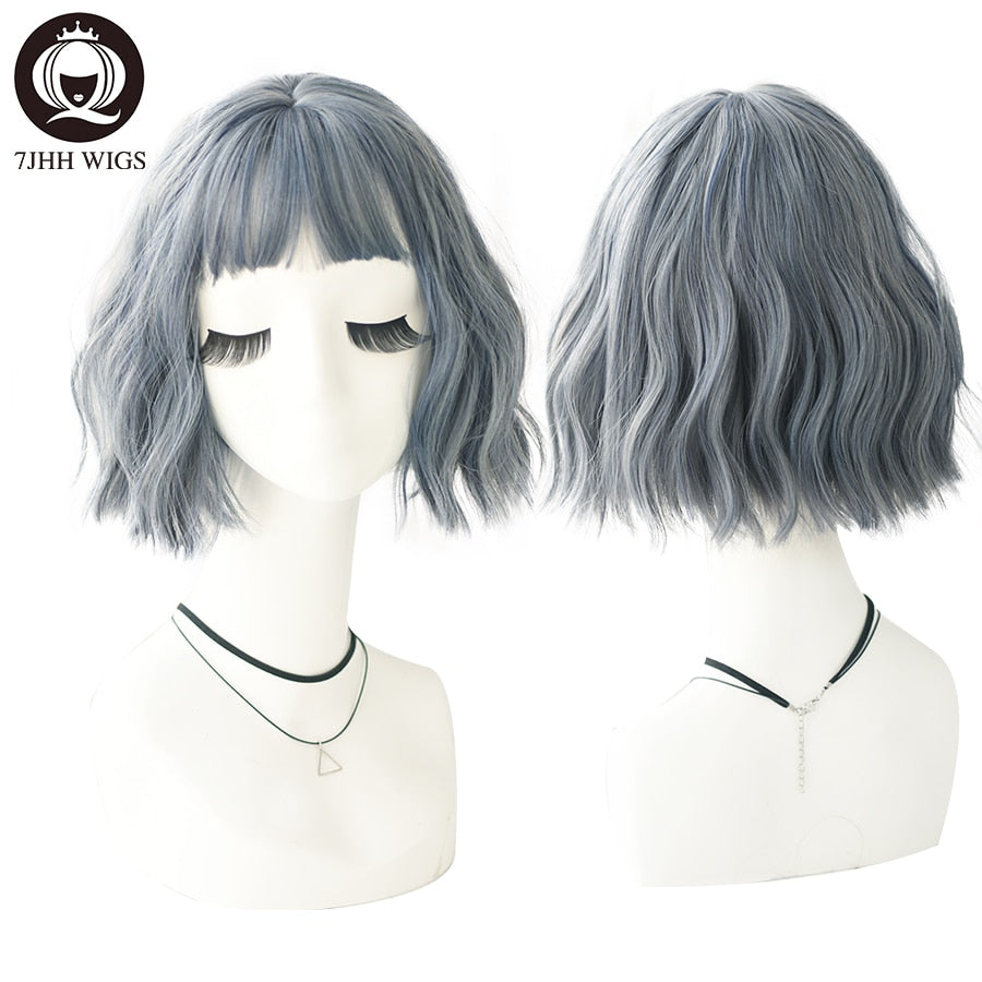Blue Deep Wave Wig With Bangs Long Omber Brown Hair Layered Heat Resistant Cosplay Party Synthetic Wig