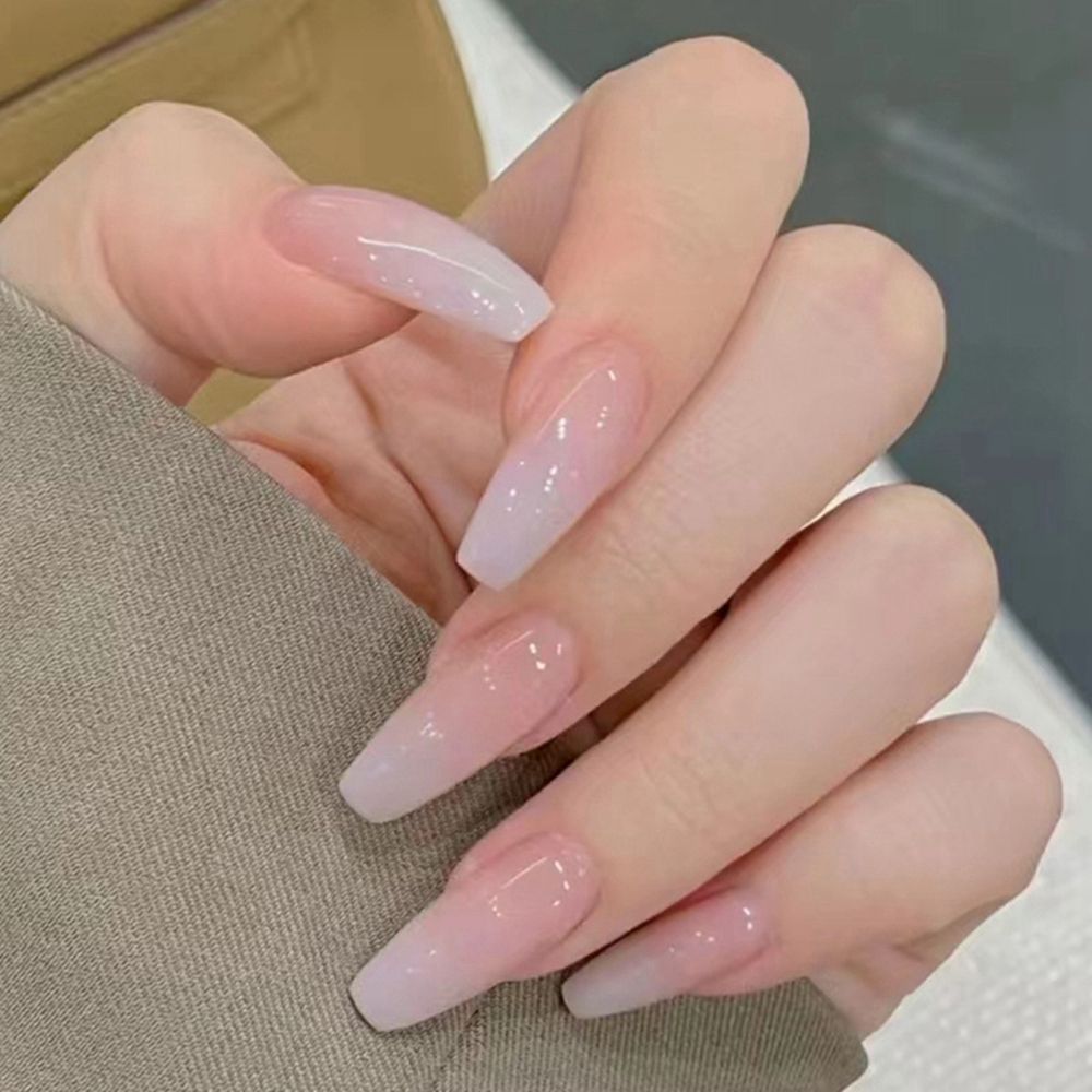 24pcs/Box Glitter Coffin False Nails Pink/White Heart Design French Ballerina Fake Nails Full Cover Nail Tips Press On Nails