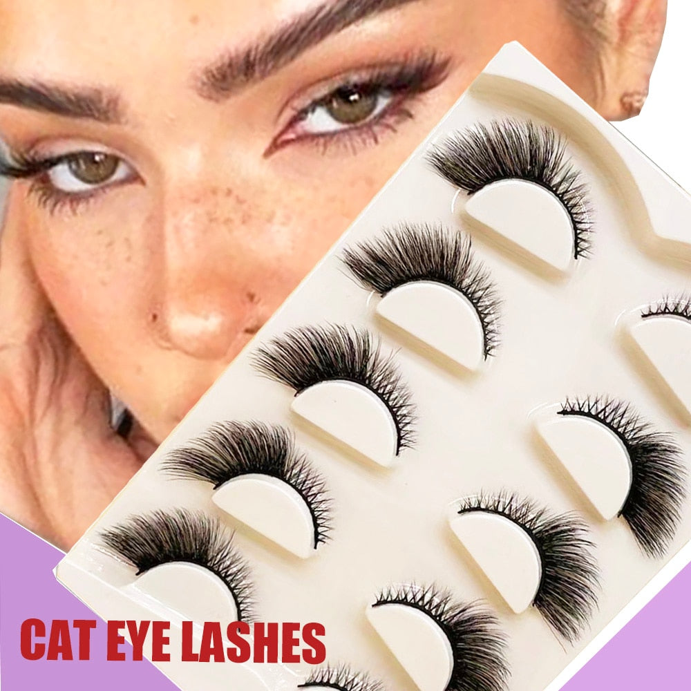 5 Pairs Fake Eyelashes Cat Eye Natural Half Lashes Fox Eye Winged Cat Eye Mink Lashes Extension Faux Cils