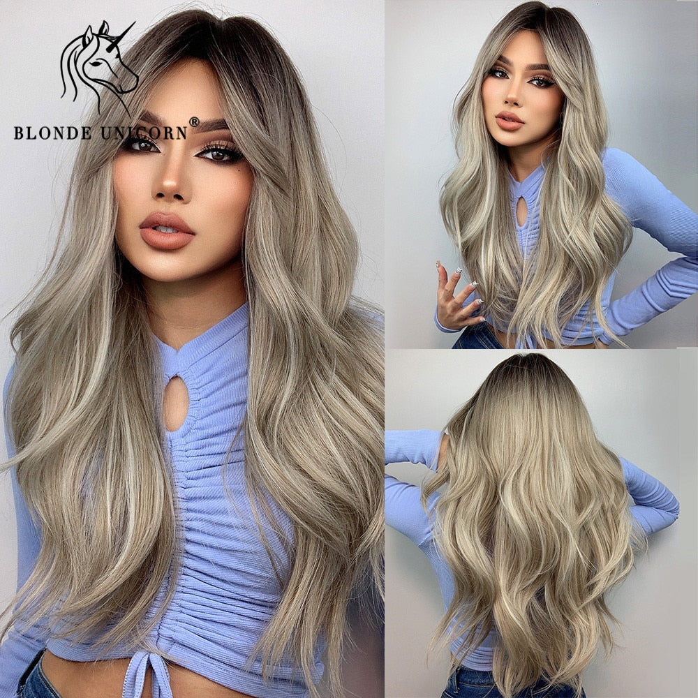 Blonde Unicorn Synthetic Long Wavy Wig Ombre Purple to Blue For WOMEN Cosplay halloween Wigs Heat Resistant Fiber Bangs Hair