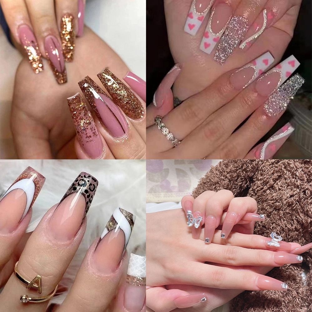 24pcs/Box Glitter Coffin False Nails Pink/White Heart Design French Ballerina Fake Nails Full Cover Nail Tips Press On Nails