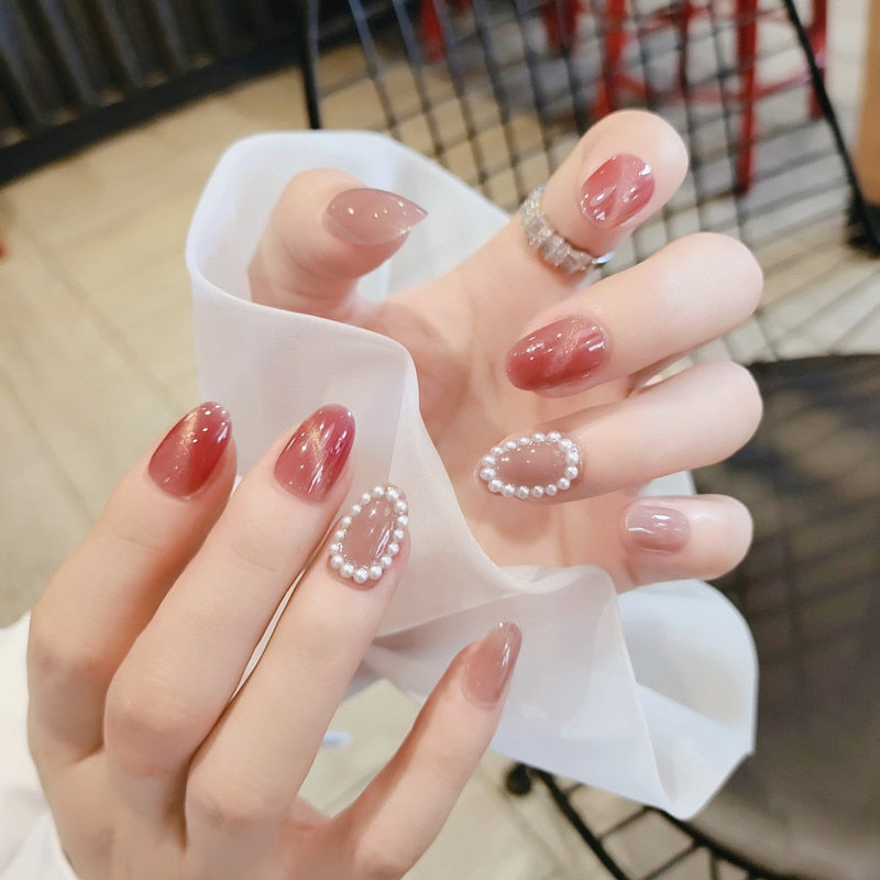 24pcs pink clouds design false nails with glue press on nails medium length acrylic nails coffin full cover nails tips supplies