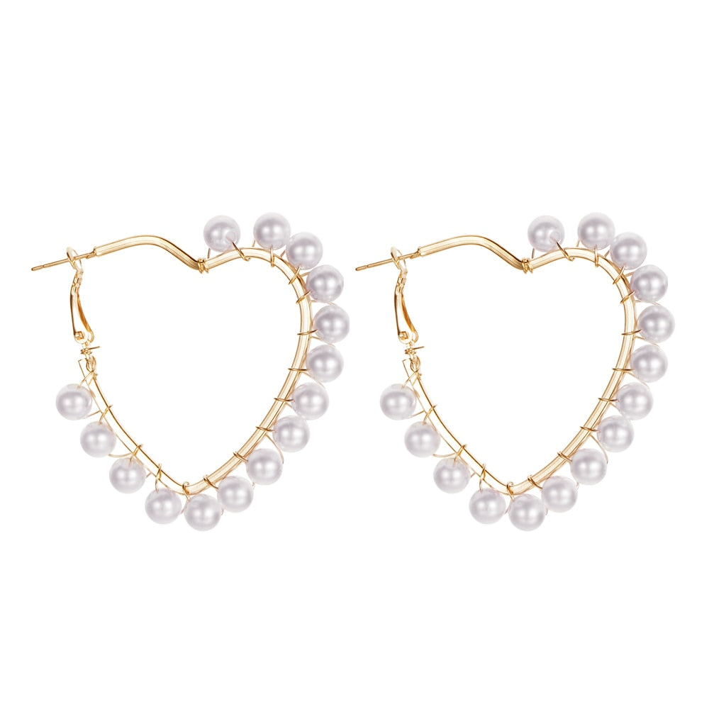 White Boho Imitation Pearl Round Circle Hoop Earrings Gold Color Big Earrings