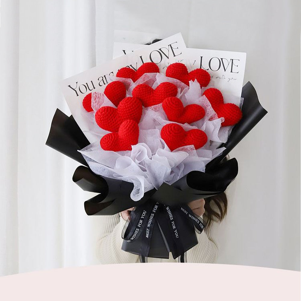 8pcs/Lot Hand-knitted Yarn Crochet LOVE Heart Shape Artificial Flowers Bouquet For Home Decorations Handicrafts Gift