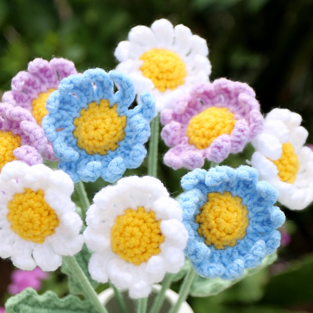 Hand-Knitted Daisy Bouquet Handmade Crochet Fake Flowers Knit Chamomile Flower Finished Decoration Home Decorative