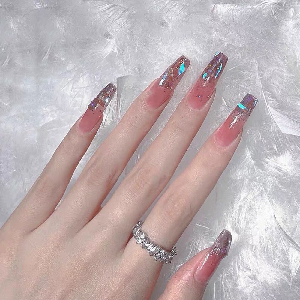 24 Pcs Artificial Wavy Line Long Round Almond False Nails Wearable French Fake Nails Full Cover Nail Tips Press On Nails
